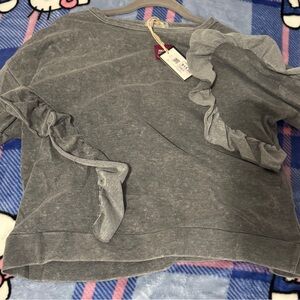 Poof! Gray Crew Neck Sweater with Ruffle Detail